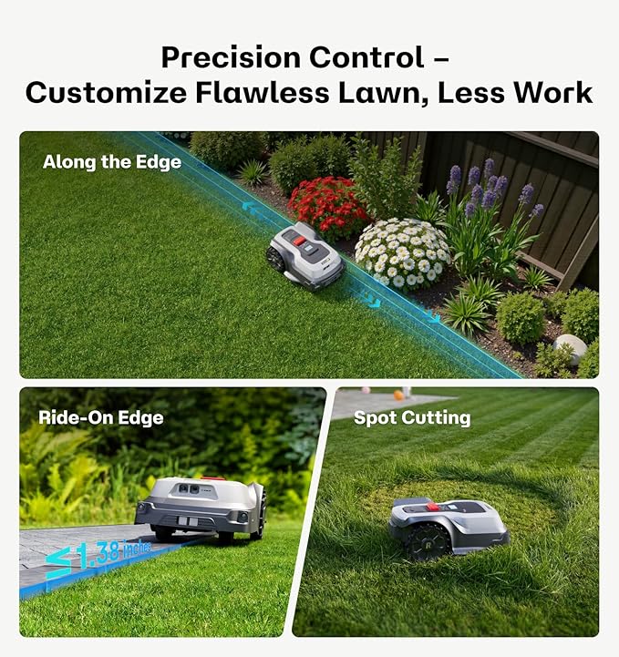 T1200Pro Robot Lawn Mower with L-Shape Wall Mount Rod, No Wire Automatic Robot Mower, Ride-on Edge Mowing, Multiple Zones Management, AI Obstacle Avoidance, for Lawn Up to 0.37 Acre