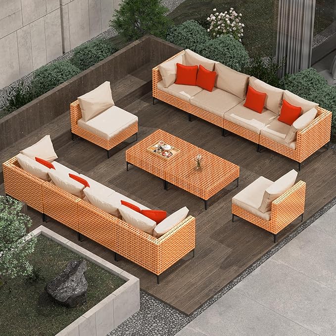 12 Piece Outdoor Patio Furniture Set Modular Outdoor Furniture Set Wicker Outdoor Sectional Sofa with Cushions and Tea Table Patio Set for Balcony Porch Deck Yard (Salmon&Orange Wicker, Sand Cushion)
