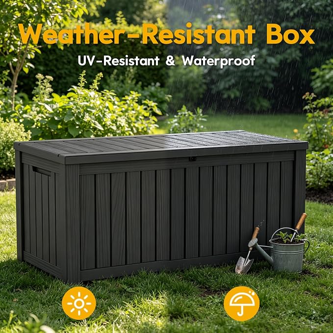 LAUSAINT HOME 150 Gallon Resin Deck Box with Hydraulic Pistons, Extra Large Waterproof Outdoor Storage Bench for Large Cushions, Heavy Duty Seating, Lockable Patio Bin for Pool and Garden (Black)
