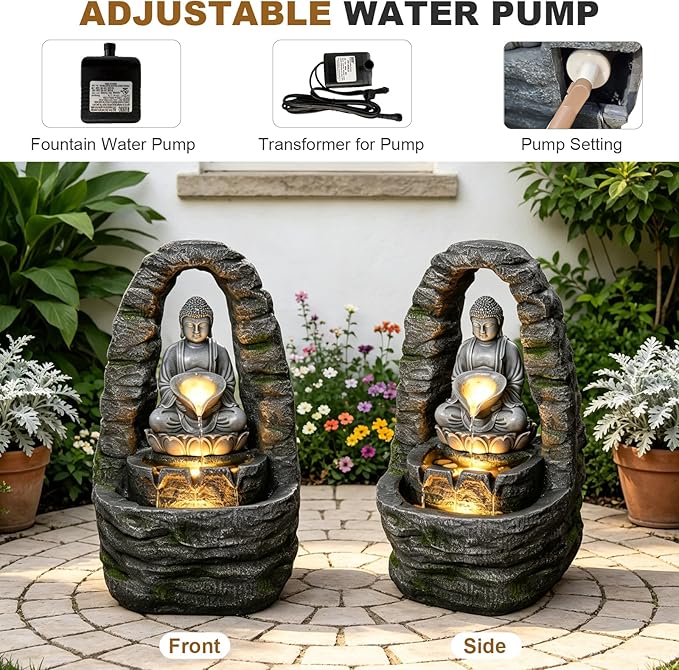 27" Outdoor Buddha Fountain with LED Lights, Zen Water Fountain Outdoor for Garden Patio Deck, 3-Tier Cascading Waterfall Fountain with Warm 3000K Glow & Pebbles, Faux Stone Resin Decor