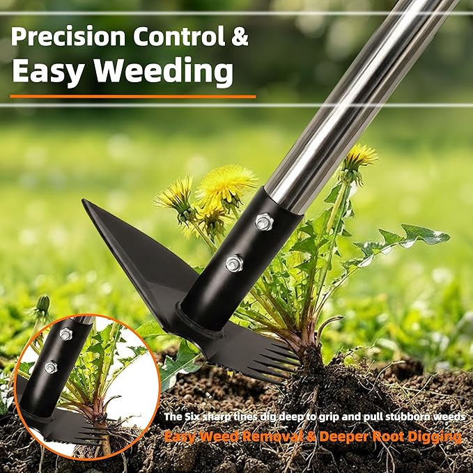 Weed Puller Tool with Long Handle, 62inch Efficient Weed Remover Tool, 2-in-1 Weed Rake and Hoe Garden Tool for Easy Weed Removal & Deeper Root Digging, Manual Weeder Tool for Yard Flower Bed