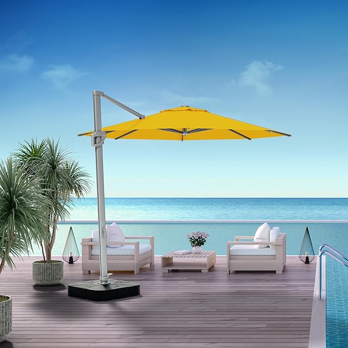 Midtown Umbrellas 10 Ft Outdoor Cantilever Patio Umbrella w/Terylast Sand Tan Fabric - Tilt 360° Offset Patio Umbrella, Deck Patio Umbrella, Backyard Umbrella & Garden Umbrella - Silver Frame