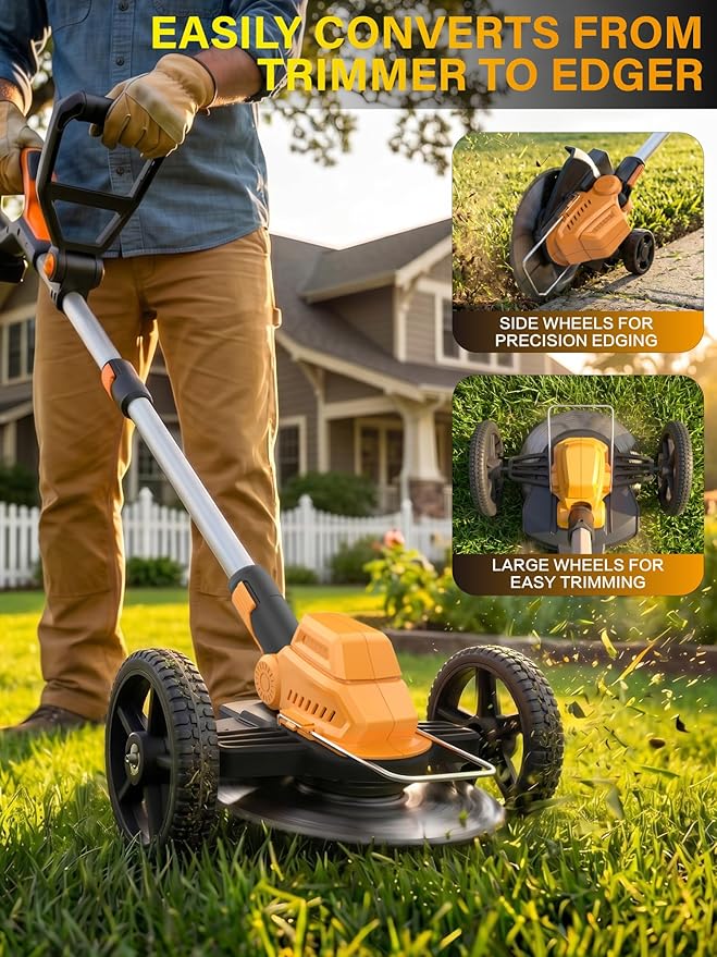 9-in-1 Weed Wacker with Wheels, Cordless Electric Weed Eater & Lawn Edger, Mini Mower Brush Cutter, 2x2.0Ah Battery Powered, 3 Blade Types, Adjustable Shaft