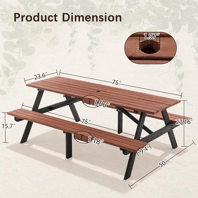 75" Outdoor Wooden Picnic Table with Benches Set, Dining Table Set with 2-Inch Umbrella Hole, One-Piece Wood Picnic Table for Backyard Garden Patio Party Gathering
