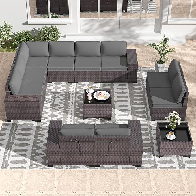 Gotland 12 Pieces Patio Furniture Set, Wicker Outdoor Sectional with Wide Armrests 29.5'' High Backrest 4'' Thick Waterproof Cushions, Oversized Patio Furniture for Deck Garden Gray