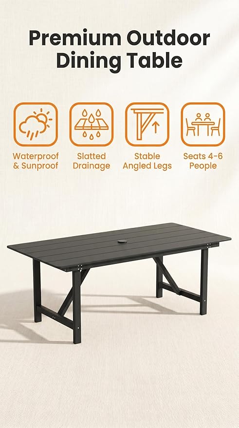 Amopatio Patio Outdoor Dining Table for 6 All Weather HDPE Rectangular Table with Umbrella Hole for Porch Deck Garden Backyard Poolside