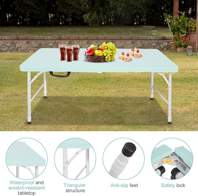 Portable 4Ft Folding Table, Heavy Duty Plastic Fold-in-Half Utility Foldable Table, Adjustable Height Plastic Folding Table with Carrying Handle for Camping &Party Indoor/Outdoor (Light Blue)