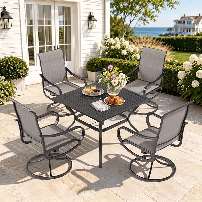 MFSTUDIO Patio Table and Chairs Set of 4, Outdoor Dining Set with Umbrella Hole, 5 Piece Patio Furniture Set for Deck Backyard Poolside Garden