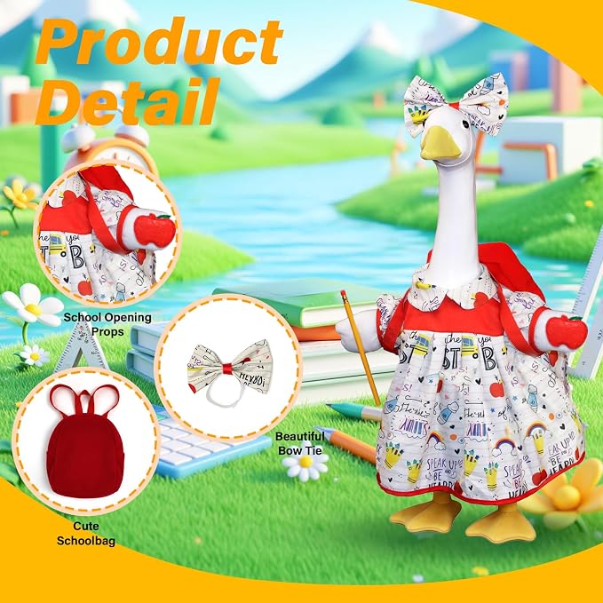 Back to School Porch Goose Outfit, Student Goose Outfit with Red School Bag Pencil Apple and Bow Headband for Home School Classroom 23 Inch Goose Statue Lawn Patio Yard Garden Decor