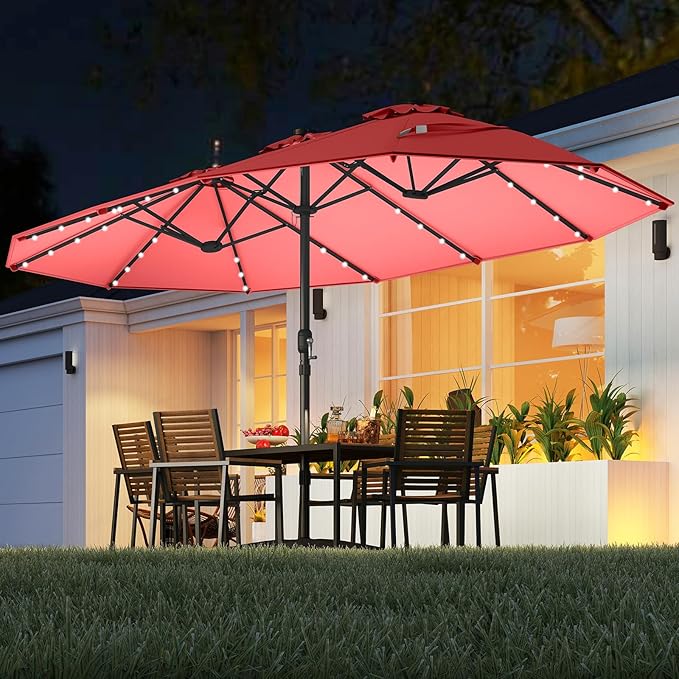 Tangkula 15FT Double-Sided Solar Patio Umbrella, Extra-Large Outdoor Twin Umbrella with 48 LED Lights, Vented Top, Crank Handle, 12 Ribs, Weighted Base Included for Backyard Poolside Deck (Wine)