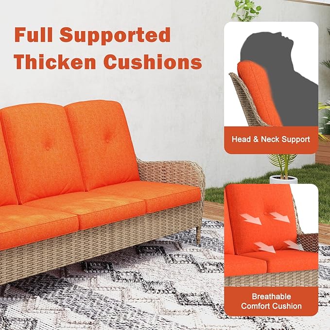 Kinsuite 7 PCS Patio Furniture Set, Outdoor Conversation Sets with Swivel Chairs & Ottomans, All-Weather Wicker Light Brown Sectional Sofa with Thicken Cushions for Garden, Lawn, Backyard, Orange