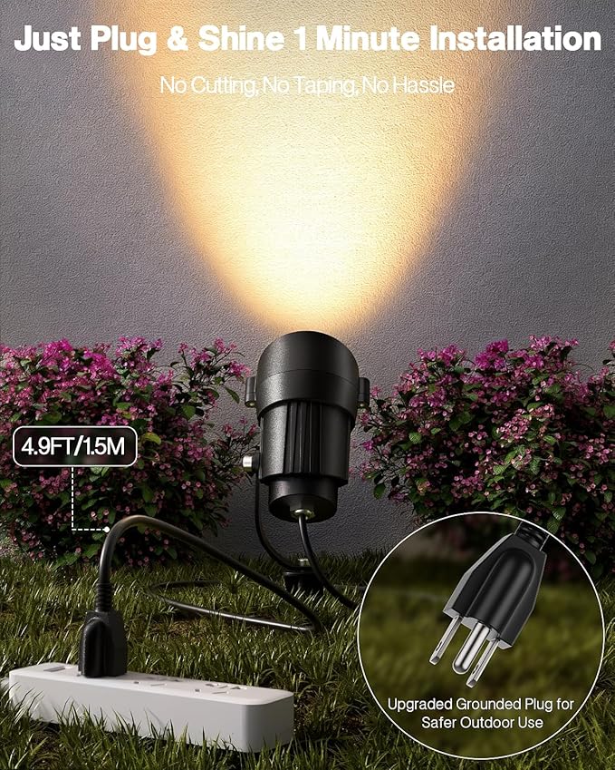 HIBOITEC 12W Plug in Outdoor Spotlights 6 Packs, 36° COB LED Spot Light Waterproof, ET; Listed 2900K Landscape Lights with Aluminum Stake for Yard Driveway Garden House Facade
