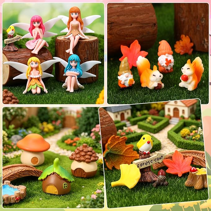 Fairy Garden Accessories 30Pcs Mini Fall Resin Figurines | Miniature Garden, Tiny Autumn Landscape Decor, Rich Variety, Gnomes Animal Plant Furniture, DIY Terrarium Potted Dollhouse