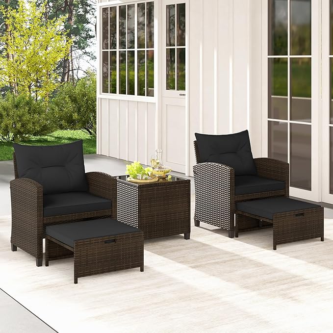 COSTWAY 5-Piece Rattan Conversation Set, Outdoor Sofa, Tempered Glass Coffee Table & Ottomans for Small Space, Boho Chic Indoor/Outdoor Furniture for Patio, Living Room & Apartment (Black)