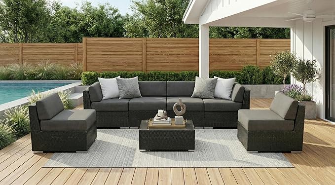 Fully Assembled 7 Piece Outdoor Patio Furniture with Sunbrella Taupe 6-inch Water Proof Rainshield Cushions and Oversized Seats