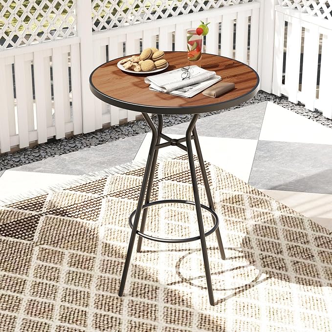Tangkula 28” Outdoor Bar Table, Round Bar Height Table with Wood-Like Tabletop, Umbrella Hole & Footrest, Patio Bistro Table, High Top Table for Backyard, Garden & Deck