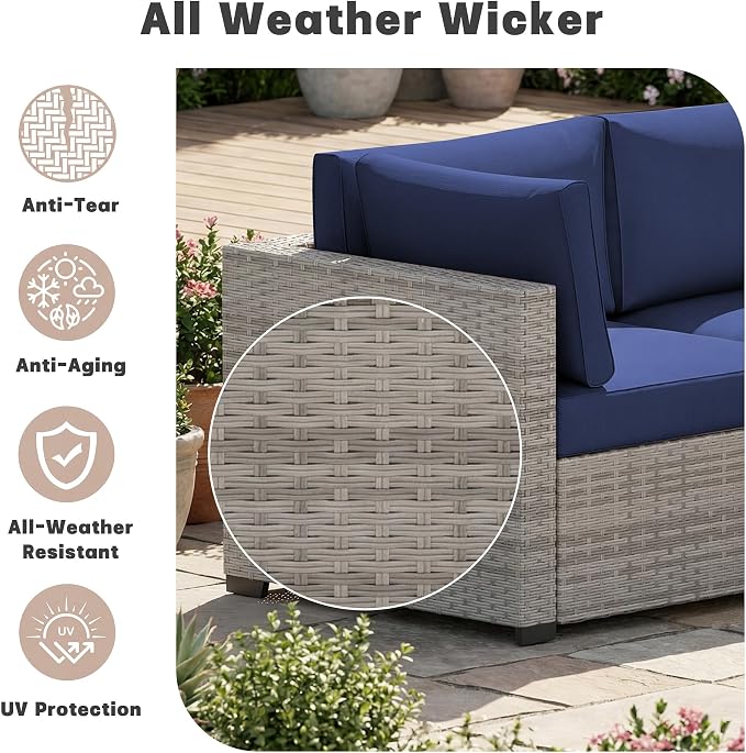 Patio Furniture Set 7 Pieces Conversation Set Wicker Outdoor Sectional Sofa,Ergonomic Armrests Couch with Cushion and Glass Table (Grey White-Navy, 7 Piece-Single)