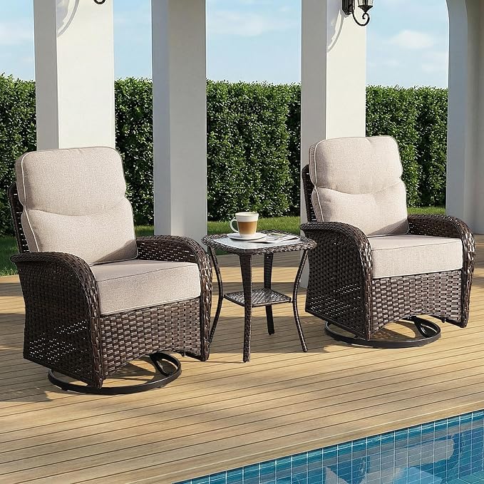Patio Furniture Set with Luxury 6" Cushions, 3 Pieces Swivel Rocking Patio High Back Chairs, Outdoor Wicker Bistro Conversation Set for Balcony, Porch, Backyard, Poolside, Beige