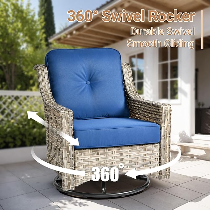 HOOOWOOO Patio Furniture Set,7 Pieces Wicker Outdoor Furniture,High Back Conversation Set with All Weather Resistant Fire Pit Table Couch Swivel Chairs Ottomans,Navy Blue