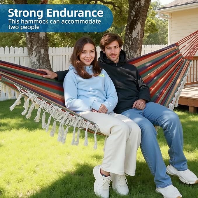 Posprica Brazilian Style Double Hammock with Fringe, 2 Person Patio Hammock for Backyard & Indoor Relaxation, Soft Breathable Fabric, Easy Setup with Straps & Carry Bag, 360 lbs Capacity