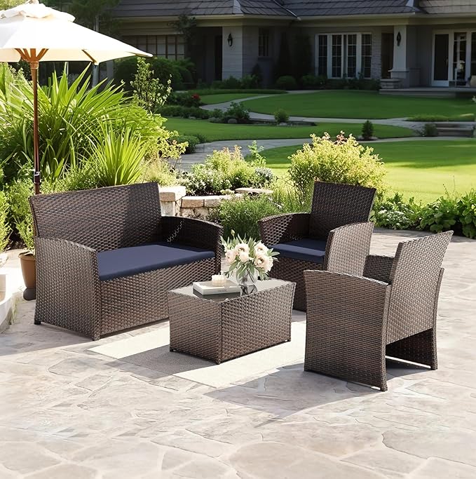 4 Piece Outdoor Patio Furniture Set, All-Weather Wicker Conversation Sets Include Coffee Table, Armchair, Loveseat, Sectional Furniture for Indoor Outdoor Backyard Pool Garden (Brown & Blue)