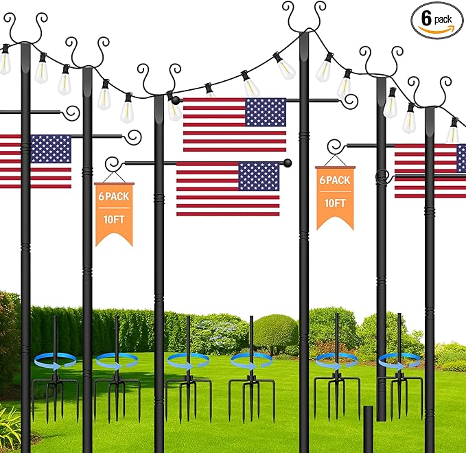 Outdoor String Light Poles 6 Pack - 10 Ft Lighting Posts with Fork,Rustproof Patio Heavy Metal Stand, Adjustable for Backyard Deck Garden Wedding