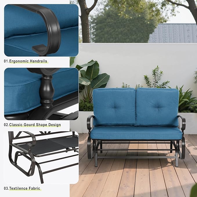 Incbruce 5 Pcs(6 Seats) Outdoor Metal Furniture Sets Wrought Iron Patio Conversation Sets, (Glider, 2 Single Chairs, Loveseat, and Coffee Table) with Cushion (Peacock Blue)