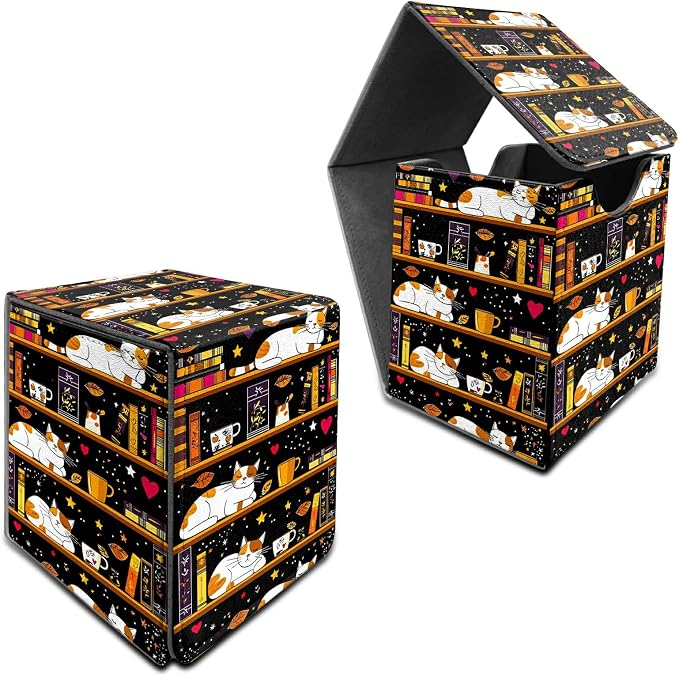 Deck Box for MTG, Cards Storage Box Fits 120+ Sleeved, Leather Medium Size Strong Magnetic Closing Card Case for Board Games Magic TCG CCG Baseball Collection, Black Book Cat