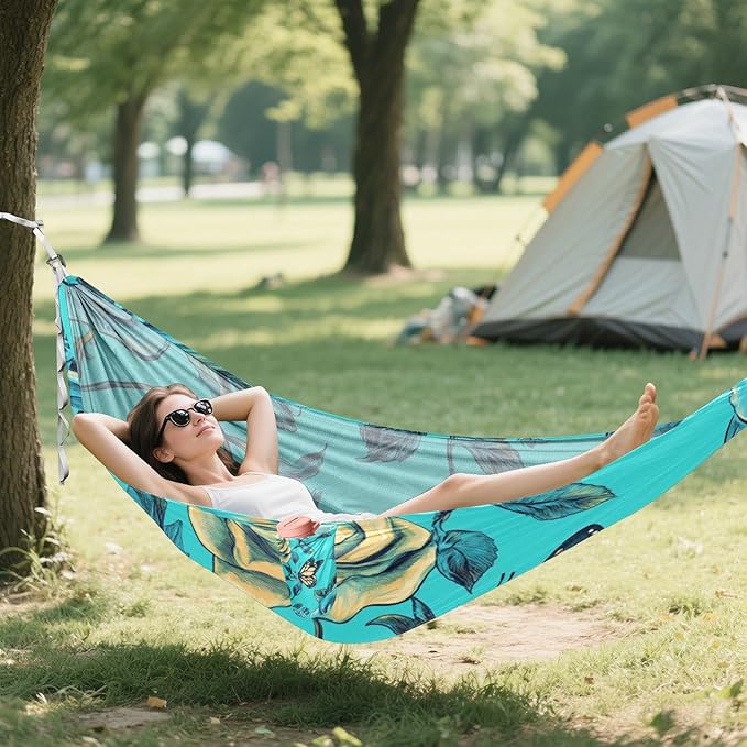 Cute Rose Flower Butterfly Turquoise 330lb Capacity Outdoor Hammock Hanging Hammock for Outside Patio Backyard Poolside sillas para acampar
