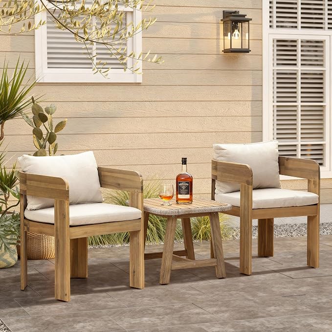 LuxenHome 17.5" Outdoor Side Table, Acacia Wood Patio End Table with Woven Wicker Trim, Small Outdoor Accent Tables for Patio, Balcony, Garden