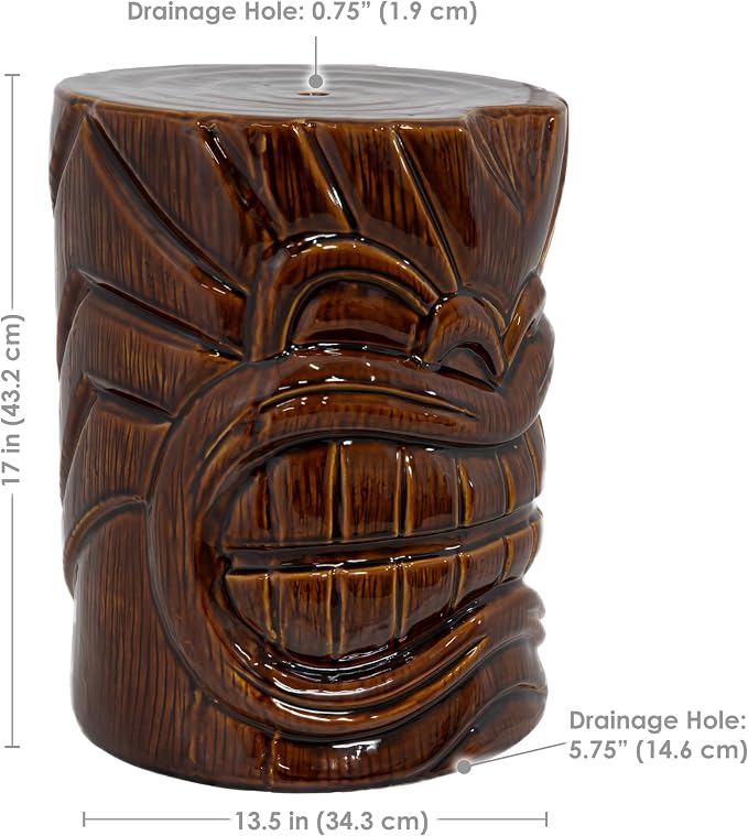 Sunnydaze Tropical Tiki Head Ceramic Garden Stool Side Table with Wood-Look Finish - Indoor or Outdoor Use - 17.25-Inch H