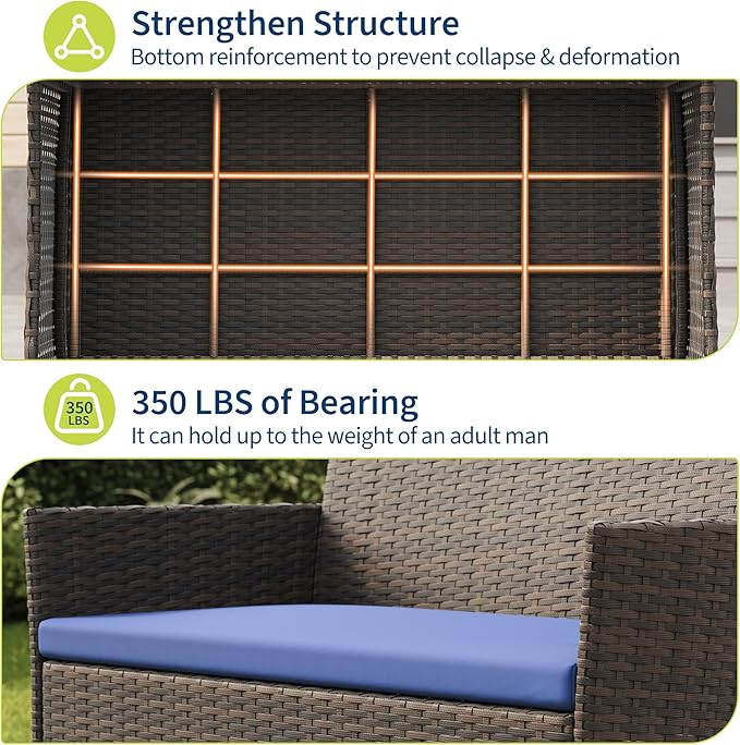 4-Piece Outdoor Furniture Set, PE Rattan Wicker Chairs with Soft Cushions & Tempered Glass Coffee Table - All-Weather Patio Set for Garden, Backyard, Porch, Poolside (Brown/Navy Blue)