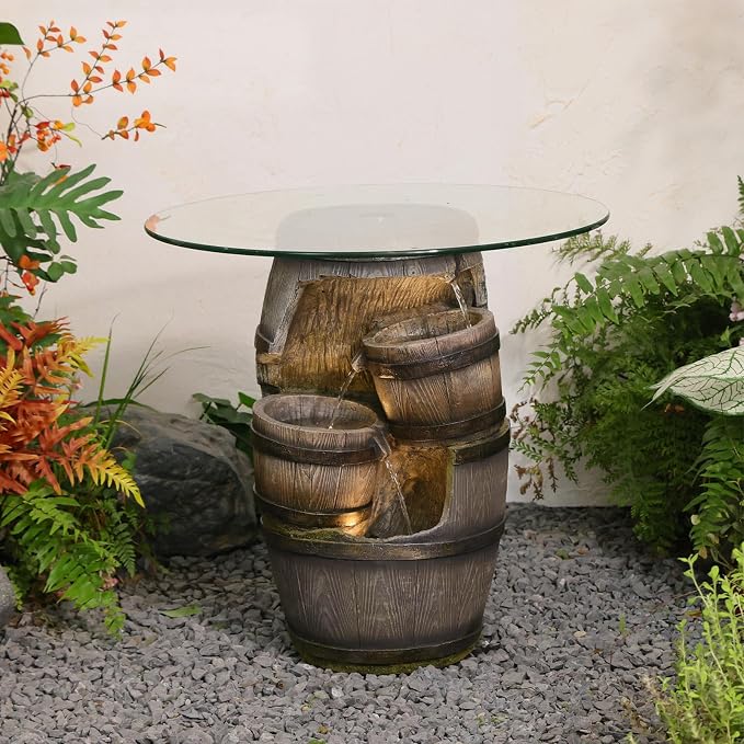Barrel Side Table with Glass Top & 3-Tier Waterfall – 22.8" Tall Rustic Resin End Table with LED Fountain for Patio, Garden, Living Room, Home Bar