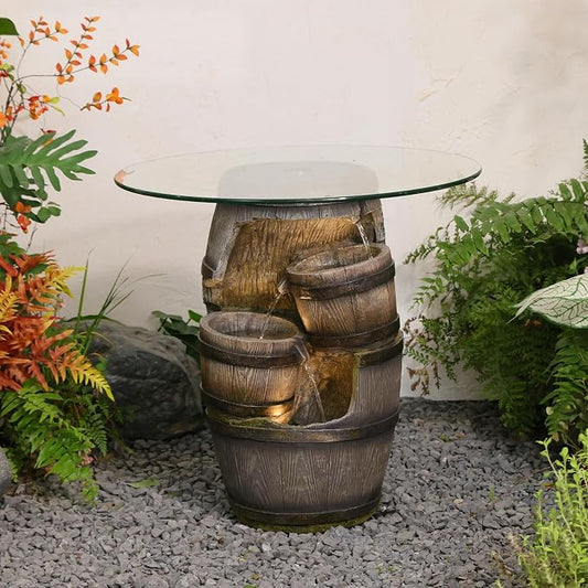 Barrel Side Table with Glass Top & 3-Tier Waterfall – 22.8" Tall Rustic Resin End Table with LED Fountain for Patio, Garden, Living Room, Home Bar