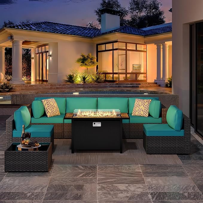 JAMFLY 8 Piece Outdoor Patio Furniture Set with Propane Fire Pit Table, All-Weather PE Wicker Rattan Sectional Sofa Set with Thick Cushions for Backyard, Garden, Poolside(Blue, Silver)