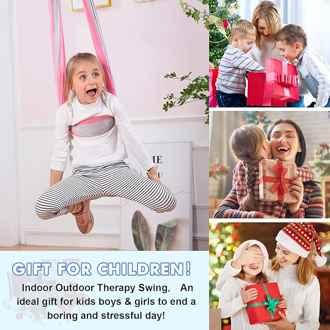 Therapy Swing Hammock Kids Cuddle Sensory Swing Indoor Therapeutic Hammock 360° Rotating Double Layer Elastic Rocking Cloth Swing Gifts for Children with ADHD SPD Asperger Autism (Pink+Grey)
