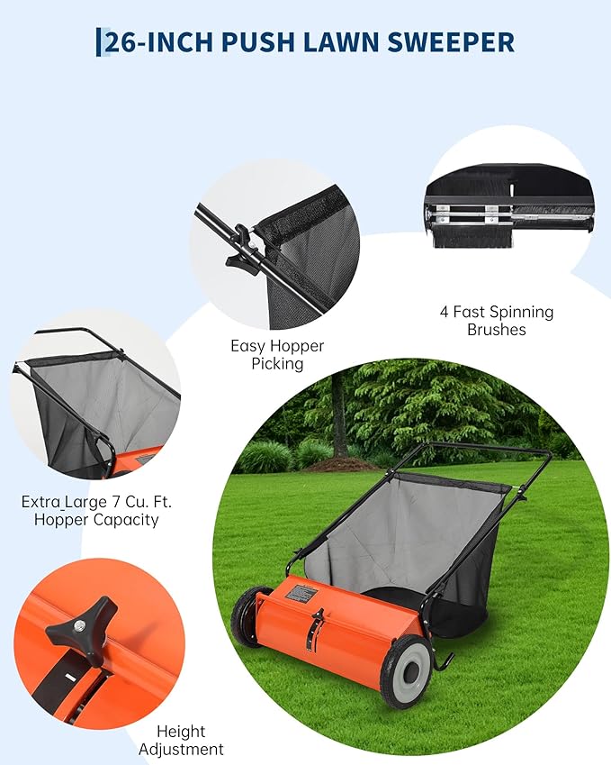 Takywep 26-Inch Push Lawn Sweeper, Anti-Rust Steel Frame, 4 High-Density Brushes, Adjustable Height, 7 Cu.Ft Collection Bag for Yard Debris (Orange & Black)