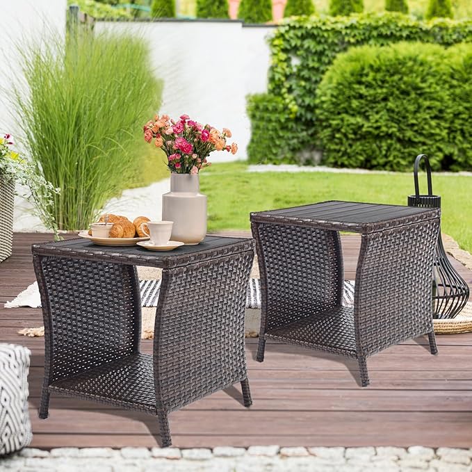 Outdoor Patio Side Table Set of 2 Small Brown Wicker Rattan End Table for Outside Storage Coffee Table with Poly Lumber Table Top for Garden Lawn Pool Porch Deck