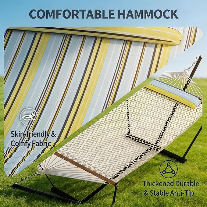 2 Person Portable Double Hammock with Stand, Outdoor Quilted Polyester Padded Hammock with Pillow, Adjustable Steel Hammock Stand for Patio, Garden, Beach, Backyard, Camping