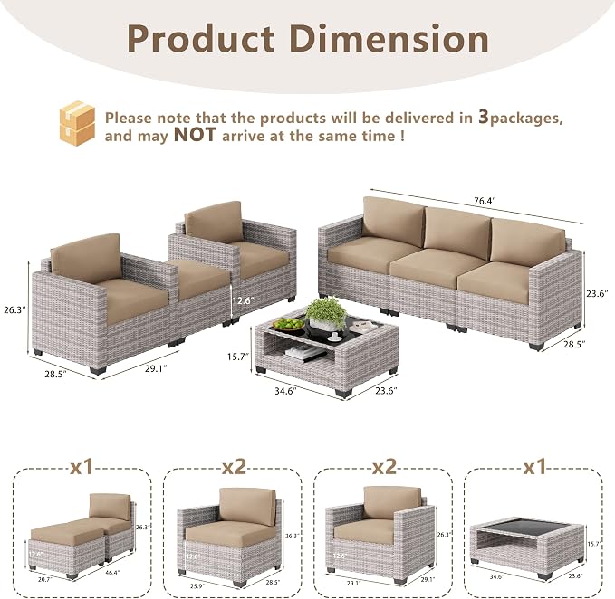 LOUVIXA 7 Piece Outdoor Patio Furniture Set, Rattan Chairs Glass Table Wicker Conversation Seating Sectional Sofa with Cushions (Grey White-Camel, 7Pcs-2 Layer Coffee Table)