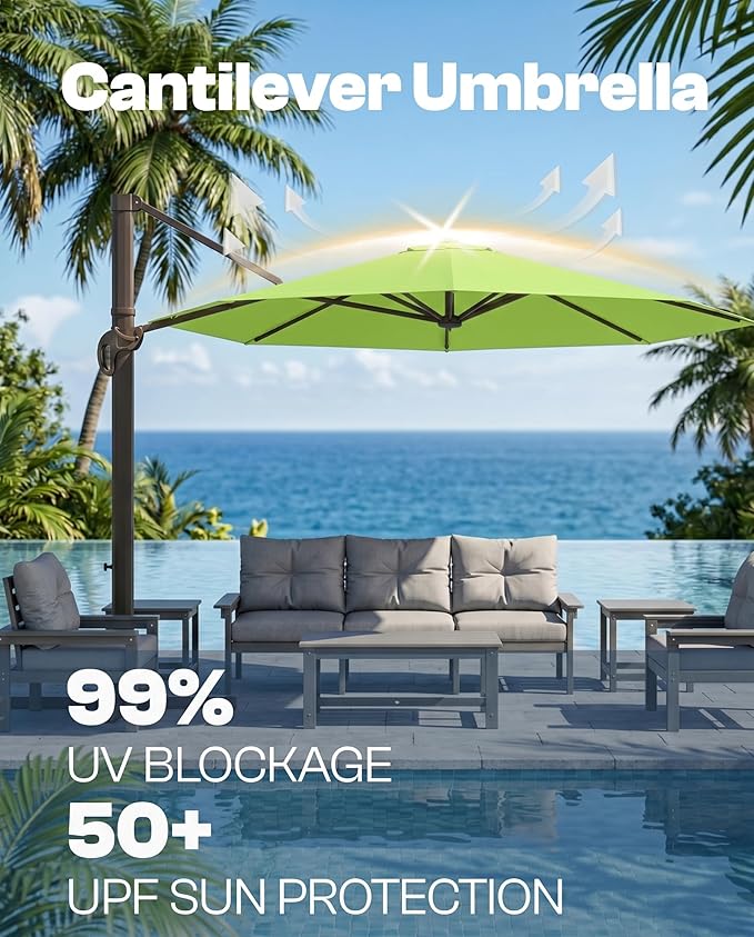 11 FT Round Cantilever Umbrella,Easy Tilt, Fade Resistant & 360° Rotation, Offset for Pool Deck Backyard Patioapple green (Base not Included)