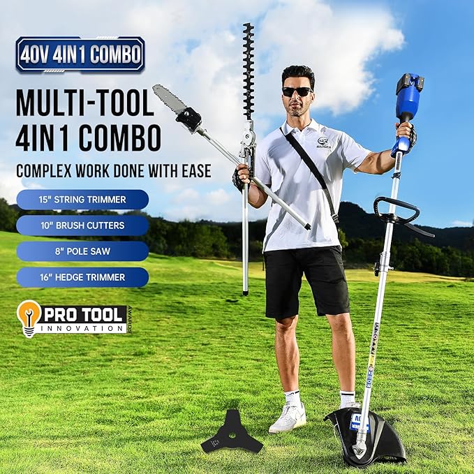 Wild Badger Power Upgraded 40V Cordless String Trimmer & Edger, 4-in-1 Multi-Tool Kit with Hedge Trimmer, Brush Cutter & Pole Saw, Attachment Capable Weed Wacker, 2 * 20V 4.0Ah Batteries & Charger