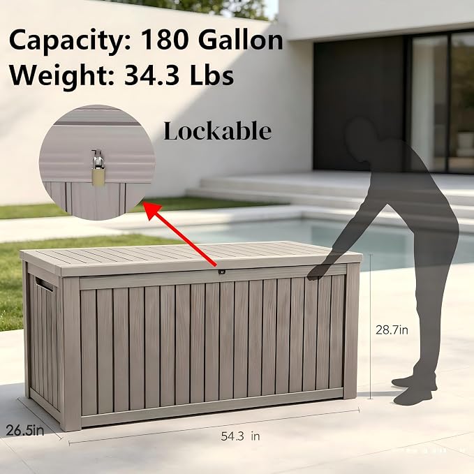 180 Gallon Outdoor Storage Box Waterproof, Large Resin Deck Box with Lockable Lid & Soft-Close Hydraulic Struts, Outside Storage Box for Patio Furniture, Garden Tools, Pool Accessories, Grey