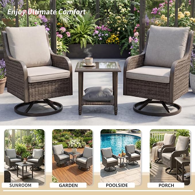 Loungewave Swivel PE Wicker Chairs, 3 Piece Patio Furniture Set, Outdoor Swivel Chairs Set of 2 with Rattan&Metal Side Table, Outdoor Furniture Set for Porch Balcony Garden Poolside (Brown/Beige)