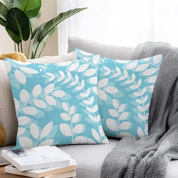 Light Blue Leaves Outdoor Waterproof Throw Pillow Covers 26x26 Set of 2, Farmhouse Botanical Branch Vintage Boho Leaf Decorative Pillowcases Cushion Pillowcase for Couch Sofa Patio Pillow Protector