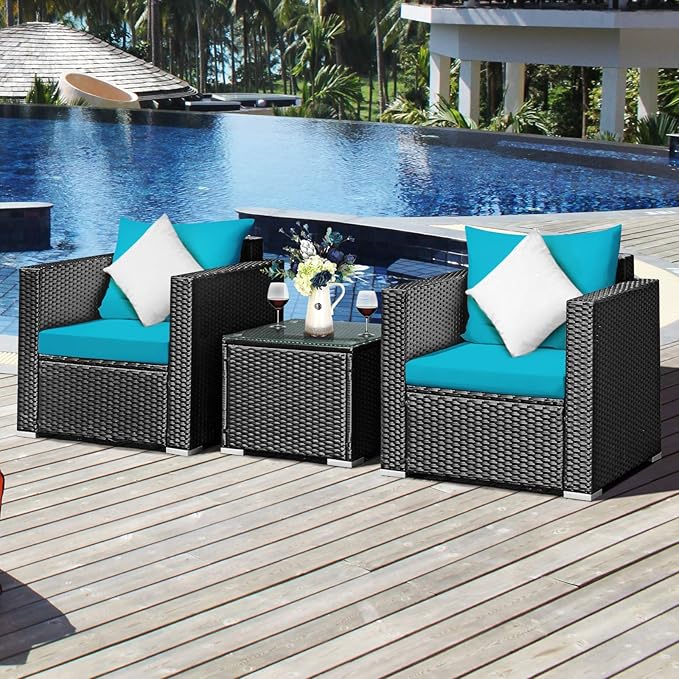 Tangkula 3 Pieces Patio Furniture Set, PE Rattan Wicker Sofa Set w/Washable Cushion Cover and Tempered Glass Tabletop, Outdoor Conversation Furniture for Garden