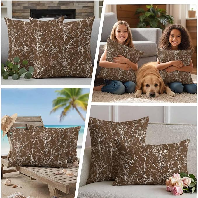 Brown Branches Waterproof Outdoor Pillow Covers Set of 2 Home Decor, Abstract Art Leaves Plant Pillowcase Patio Pillow Covers for Couch Bench Patio Furniture Garden 18x18in