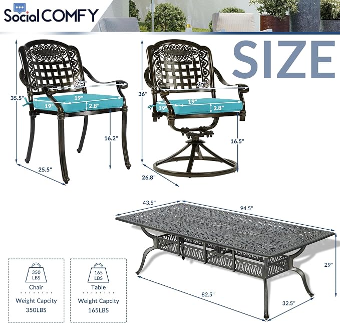 9-Piece Patio Cast Aluminum Dining Set, Outdoor Table and Chairs Set for 8, Includes 94.5" Rectangular Dining Table, 6 Stationary, 2 Swivel Dining Chairs with Umbrella Hole, Ocean Blue