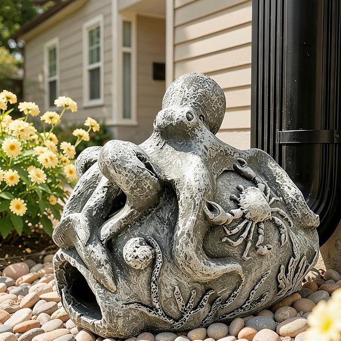 Teaeeno Real Octopus Gutter Downspout Extension Decor,Animal Gutter Downspout Decorative,3''x4'' Downspout Extender Diverter Splash Block Sculpture Outdoor Decor,Outdoor Garden Animal Statue Ornament