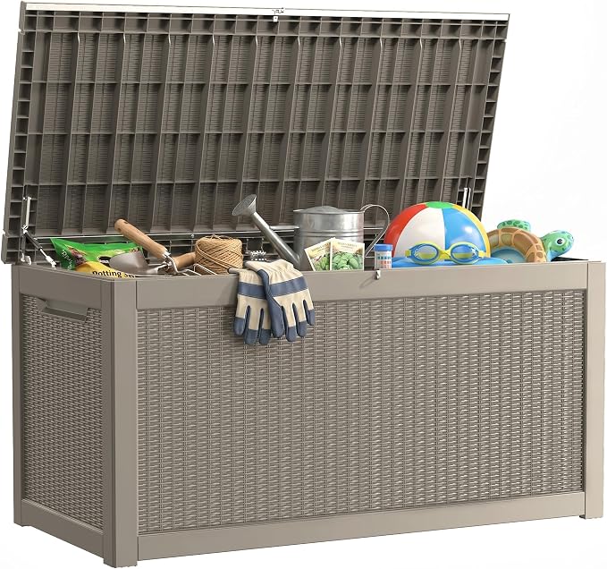 320 Gallon Deck Boxes Outdoor Waterproof, Outdoor Storage Box with Lockable Lid & UV-Resistant for Patio Furniture, Outdoor Cushions, Garden Tools and Pool Supplies, Light Brown